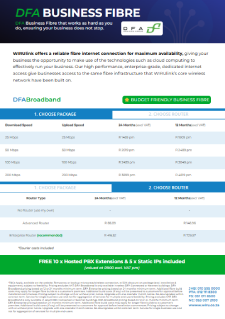 Cover of the DFA business fibre brochure showing speeds, pricing and service levels