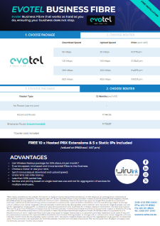 Cover of the Evotel business fibre brochure showing speeds, pricing and service levels