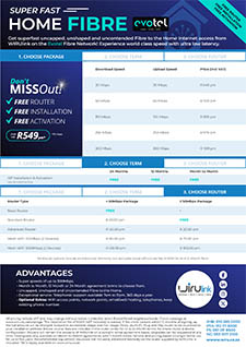 Cover of the Evotel home fibre brochure showing uncapped package speeds and pricing