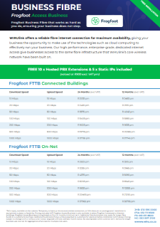 Cover of the Frogfoot business fibre brochure showing speeds, pricing and service levels