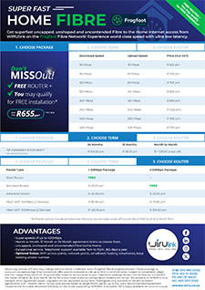 Cover of the Frogfoot home fibre brochure showing uncapped package speeds and pricing