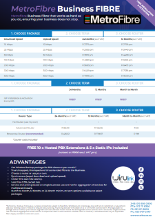 Cover of the MetroFibre business fibre brochure showing speeds, pricing and service levels