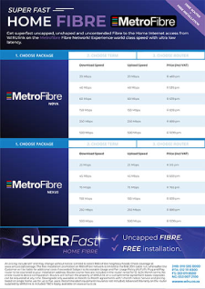 Cover of the MetroFibre home fibre brochure showing uncapped package speeds and pricing