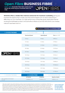 Cover of the Open Fibre business fibre brochure showing speeds, pricing and service levels