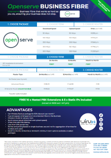 Cover of the Openserve business fibre brochure showing speeds, pricing and service levels