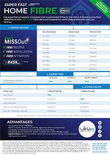 Cover of the Openserve home fibre brochure showing uncapped package speeds and pricing
