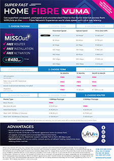 Cover of the Vuma home fibre brochure showing uncapped package speeds and pricing