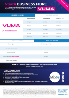 Cover of the Vuma business fibre brochure showing speeds, pricing and service levels